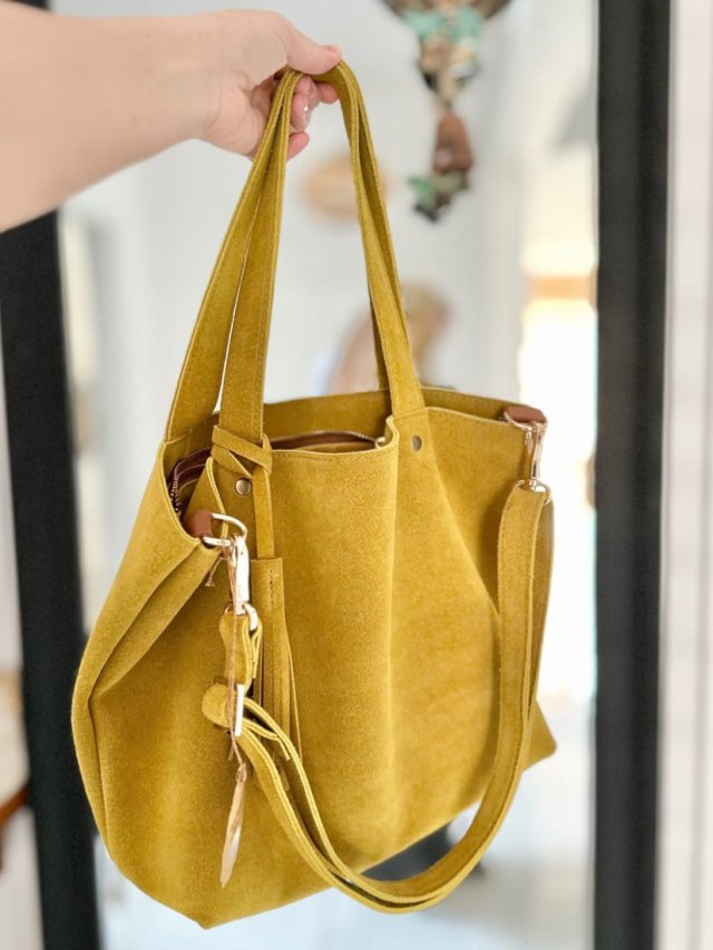 Skórzana ZAMSZOWA TOREBKA MINI SHOPPER BAG - Limonka, ręcznie szyta