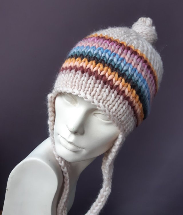 100% WOOL * pilotka * wełniana czapka * wiązana * z nausznikami * balaclava * kolorowe paski