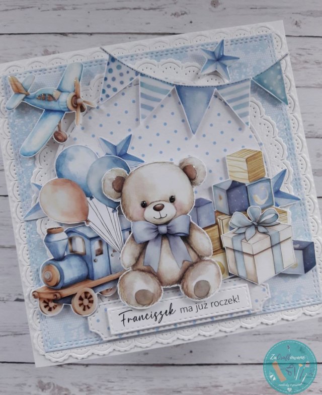 Kartka na roczek dla chłopca z misiem, personalizacja