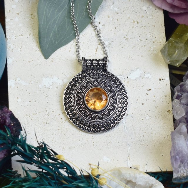 Miedziany posrebrzany wisiorek z cytrynem - etniczny, boho #663