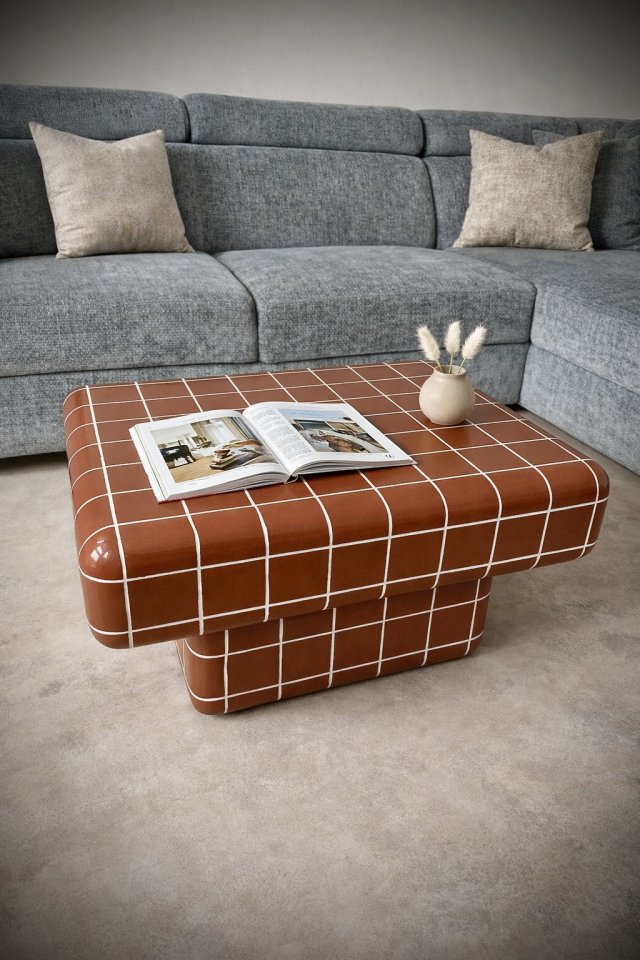 Stolik kawowy prostokątny w stylu płytki w kolorze ceglanym