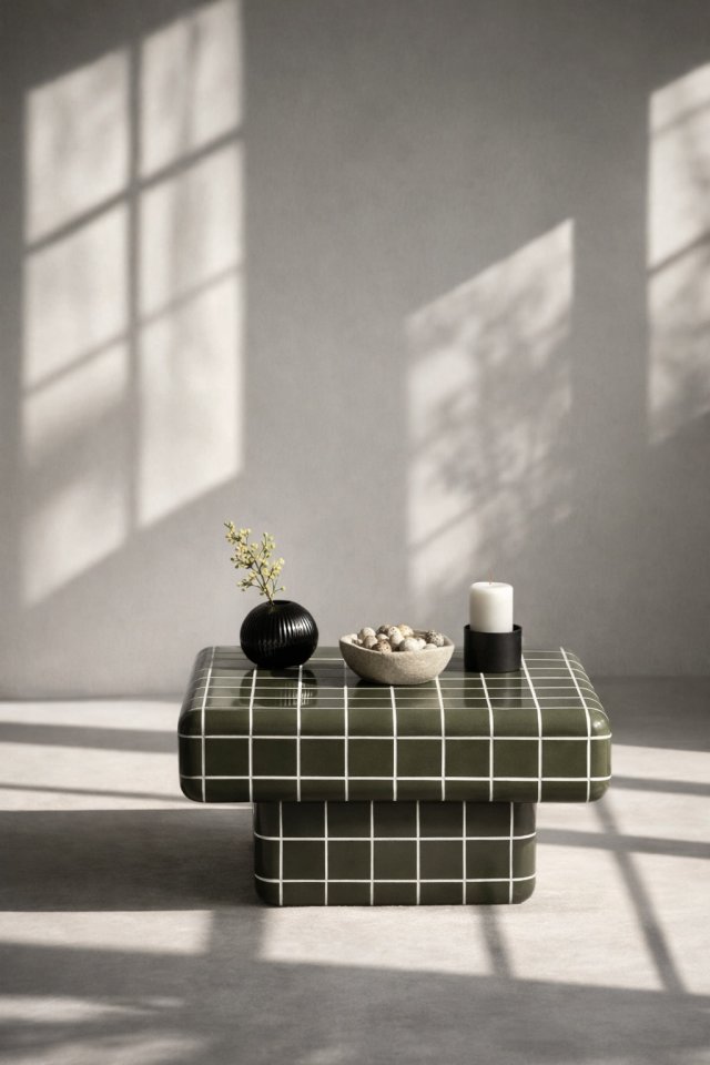 Stolik kawowy prostokątny w stylu płytki w kolorze zielonym/kremowym