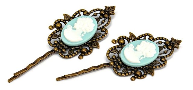 Spinki do włosów wsuwka mosiądz kamea jasny turkus biel