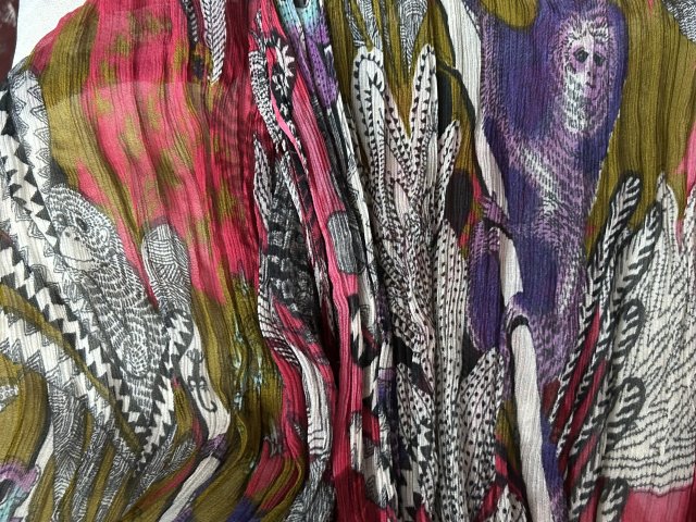 100 % Silk oryginalny gnieciony jedwabny szal -efektowna  kolorowa dżungla radosne barwy