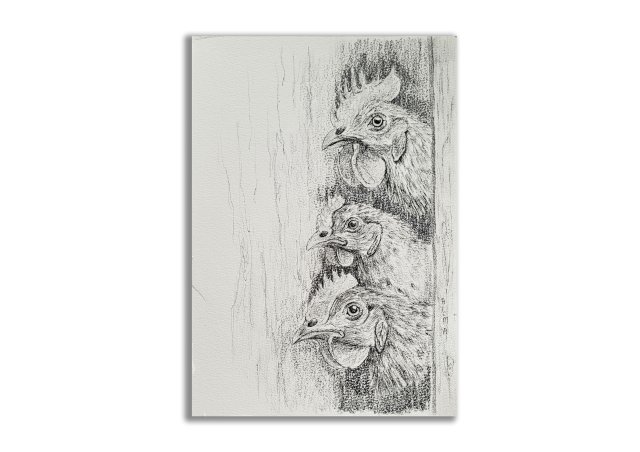 Grafika ręcznie malowana "Trzy Kurczaki"