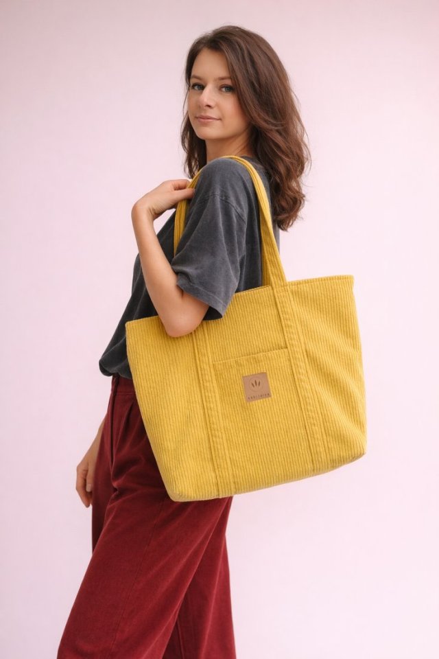 Duża sztruksowa torba miejska Żółta