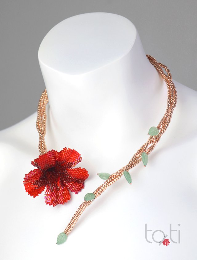 Kwiatowy Naszyjnik. Kolia Cherwony Hibiskus. Choker z japońskich koralików