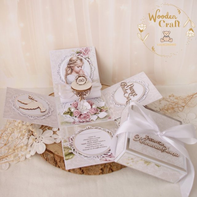 Exploding box komunijny, kartka na komunię. pamiątka "Zapach Róży" GOTOWY
