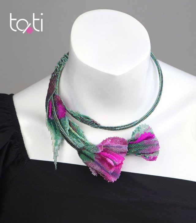 Kwiatowy Naszyjnik Kolia Tulipan. Choker z japońskich koralików