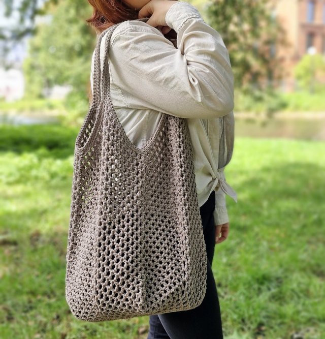 Ekologiczna torba siatka ze sznurka, cappuccino