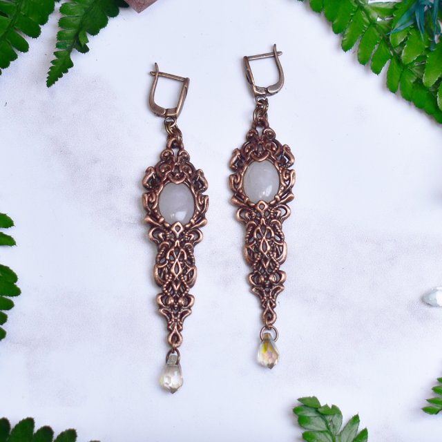 Wiktoriańskie miedziane kolczyki z różowym kwarcem #S12
