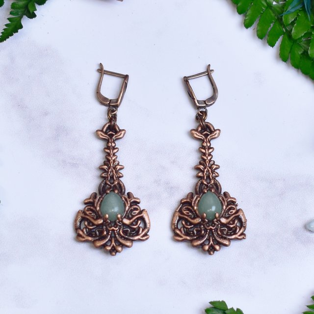 Wiktoriańskie miedziane kolczyki z zielonym awenturynem #S14