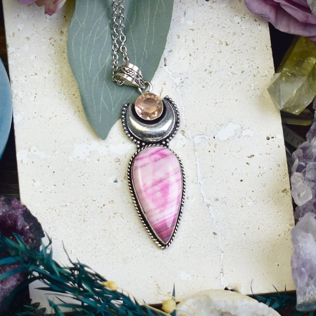 Miedziany posrebrzany wisiorek z agatem i cytrynem - lunula #686