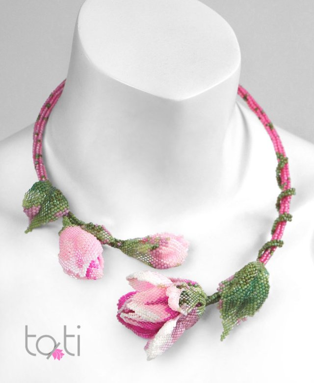 Kwiatowy Naszyjnik Kolia Magnolia. Choker z japońskich koralików