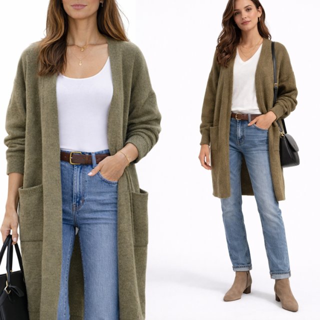 Długi sweter kardigan damski Stradivarius khaki wiązany z kieszeniami uniwersalny Hp225