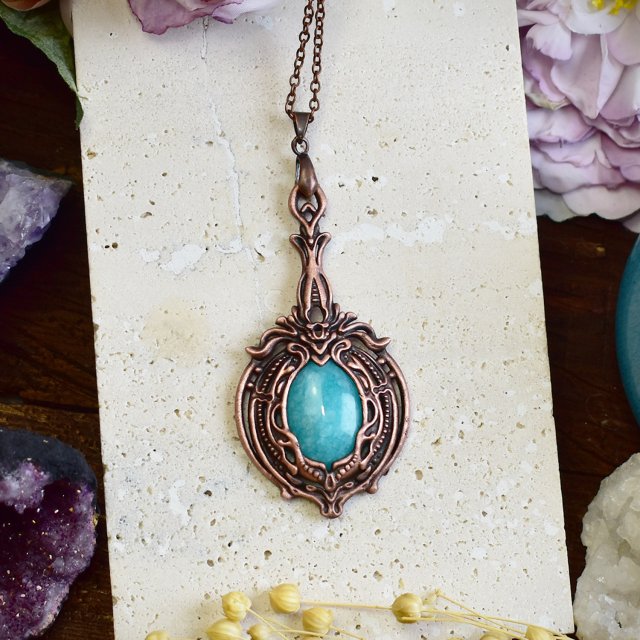 Wiktoriański miedziany wisiorek z amazonitem #767