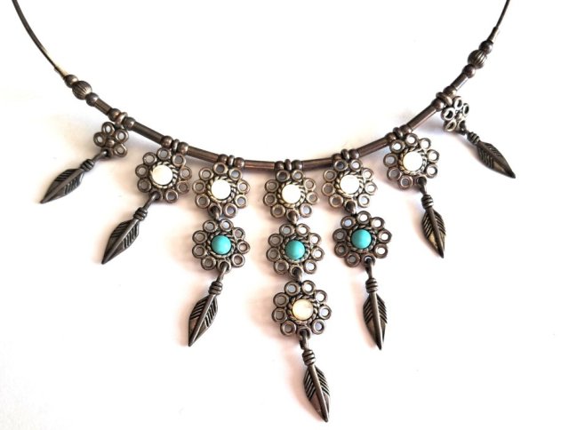 NATIVE AMERICAN NECKLACE - STERLING SILVER SREBRO 925 - INDIAŃSKI NASZYJNIK CHOKER - SYGNOWANY - KOLIA ZE SREBRA