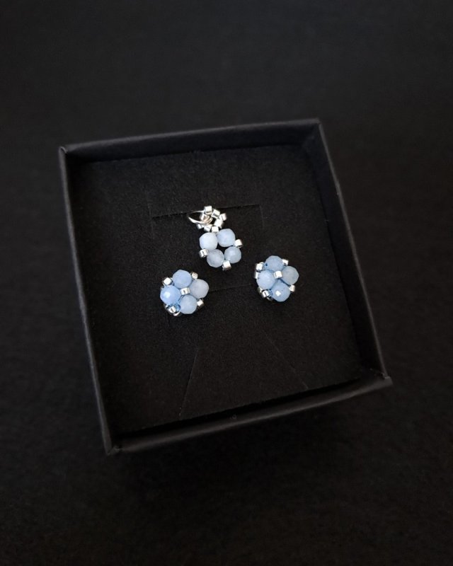 Komplet Biżuterii - Kolczyki Sztyfty i Zawieszka - Akwamaryn