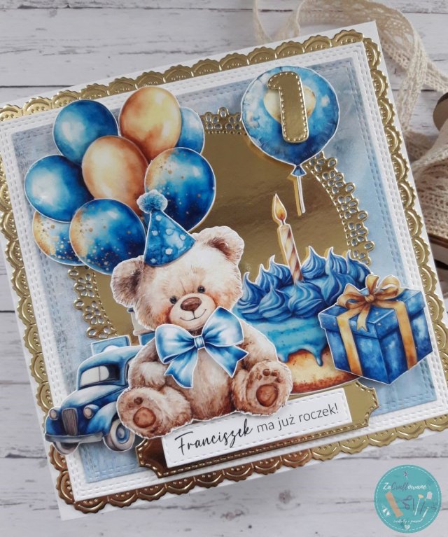 Kartka na roczek dla chłopca z misiem 2, personalizacja
