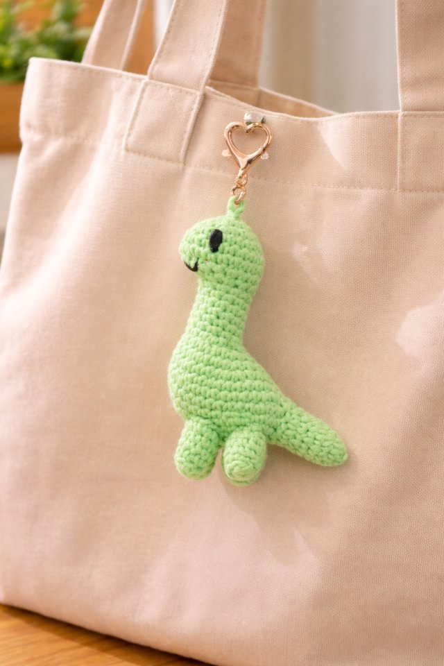Mały Dino – szydełkowy breloczek handmade