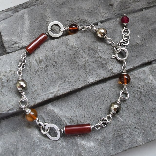 Karneol, piryt, bursztyn - bransoletka