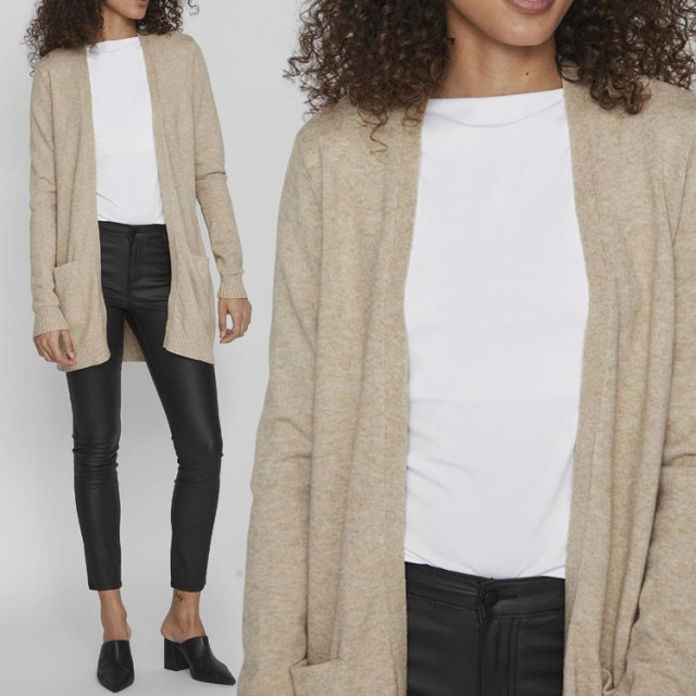 159zł casualowy prosty dłuższy beżowy sweter narzutka kardigan z kieszeniami VILA 38 M Hu109