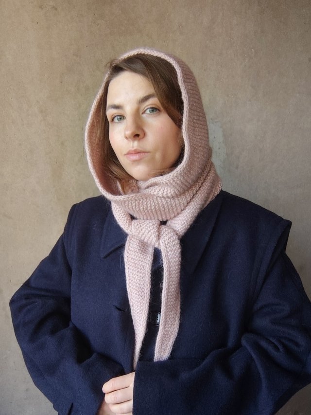 Szalik z kapturem kapturek balaclava szal wełniany jasnoróżowy duński scandi wełna moher jedwab z upcyclingu