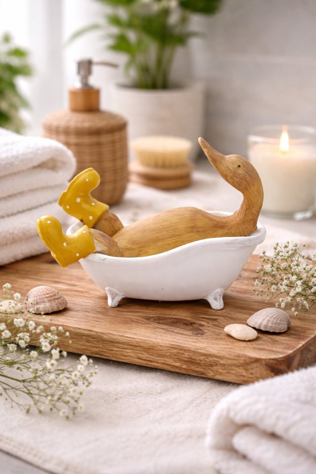 Drewniana kaczka w wannie – urocza dekoracja
