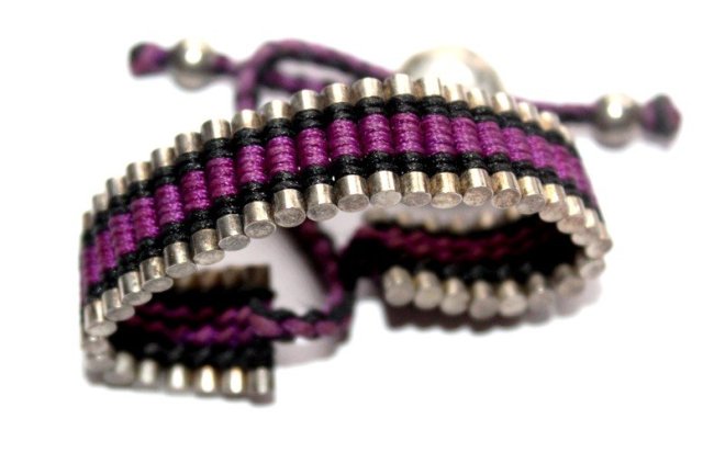 SZNURKOWA fioletowa bransoletka metalowe elementy
