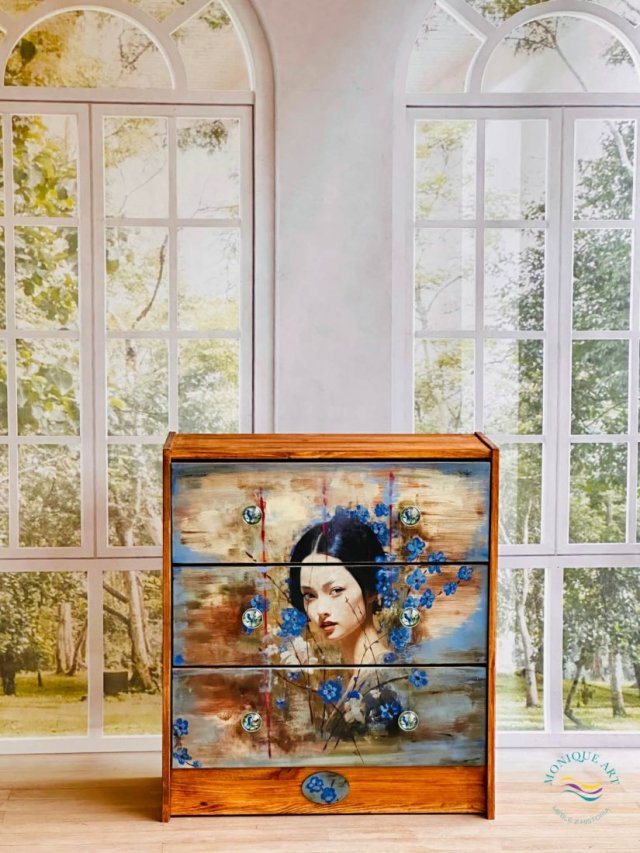 Artystyczna komoda ręcznie malowana, gejsza, unikat