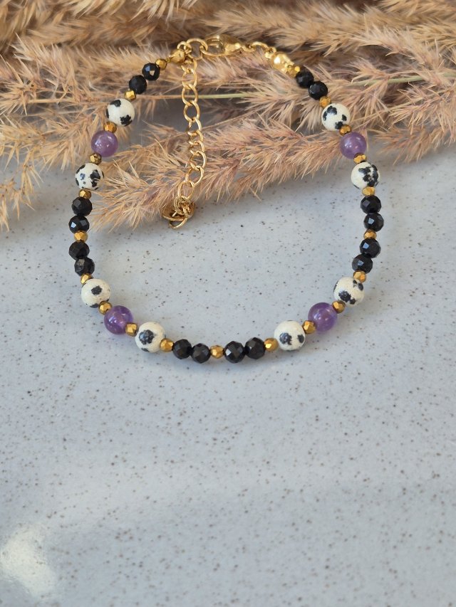 Bransoletka ochronna - Turmalin, Jaspis Dalmatyński, Ametyst