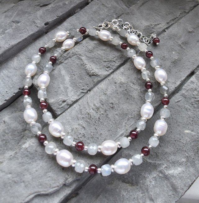 Naszyjnik perły, labradoryty, granaty