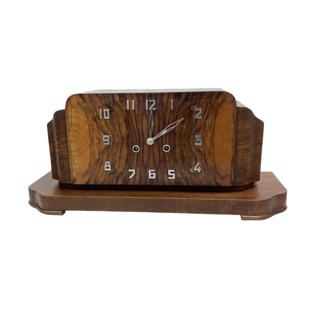 Zegar kominkowy Art Deco fornir orzechowy, mechaniczny, Niemcy Lata 20. XX w.