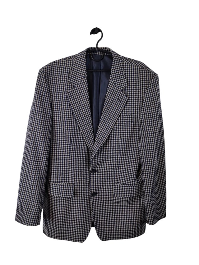 Wełniana marynarka vintage 90s – pepitka, granat/beż, unisex