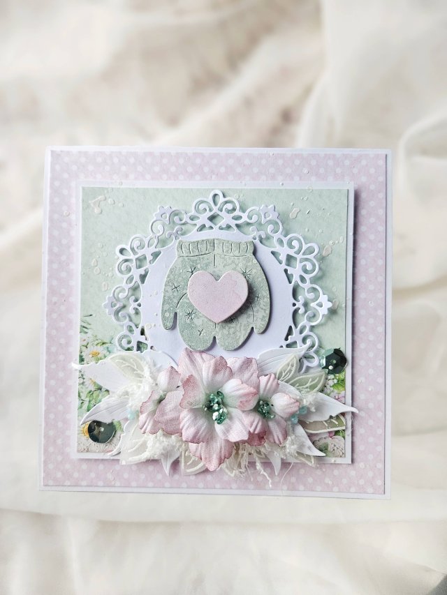 Kartka z rękawiczkami i sercem na walentynki