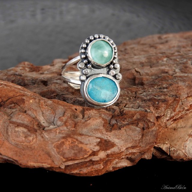 Pierścionek srebrny z larimarem i turkusem regulowany
