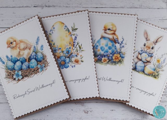 Zestaw 4 kartek wielkanocnych z życzeniami "Niebiesko-żółty"