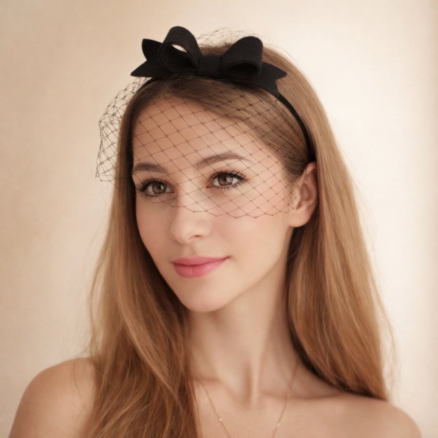 Czarny fascynator opaska z kokardą i woalką