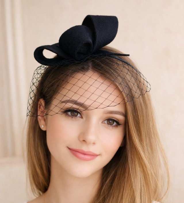 Czarny fascynator zawijas z woalką