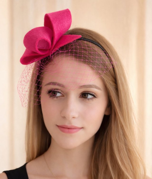 Fuksjowy  fascynator z woalką