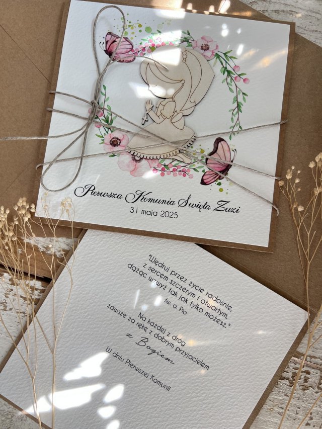 Piękna stylowa personalizowana kartka pamiątka komunii z życzeniami