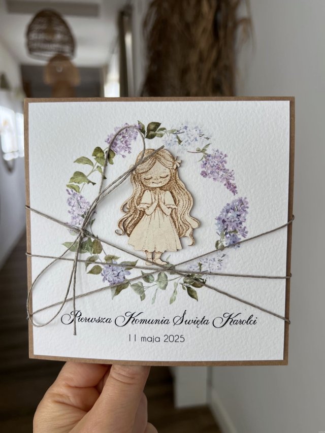 Piękna stylowa personalizowana kartka pamiątka komunii z życzeniami