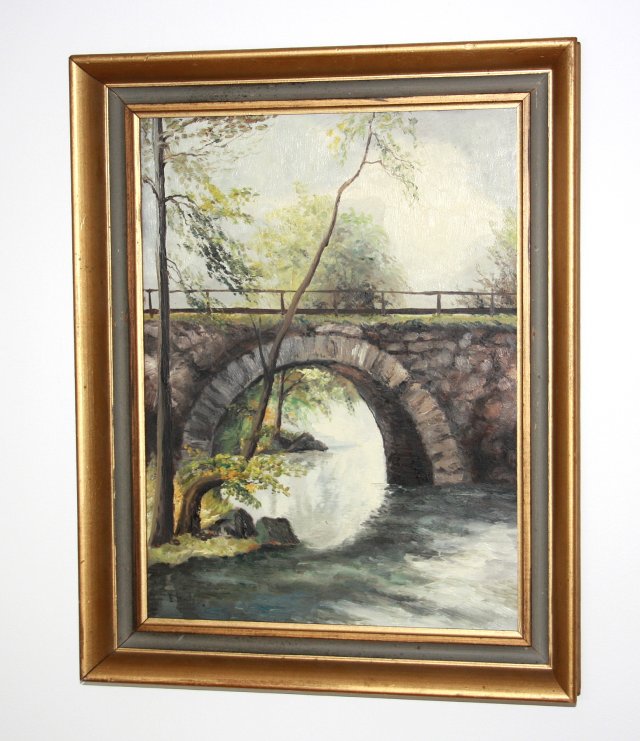 Obraz olejny pejzaż z mostem