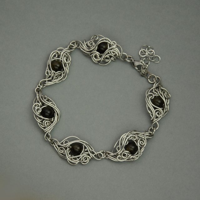 Bransoletka z obsydianem złocistym, wire wrapping, stal chirurgiczna, kamień księżycowy