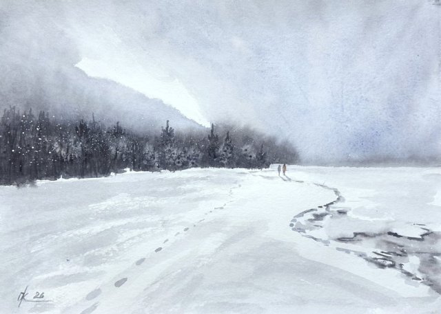 Spacer wzdłuż zamarzniętej rzeki 30/42cm. Original Akwarela A3