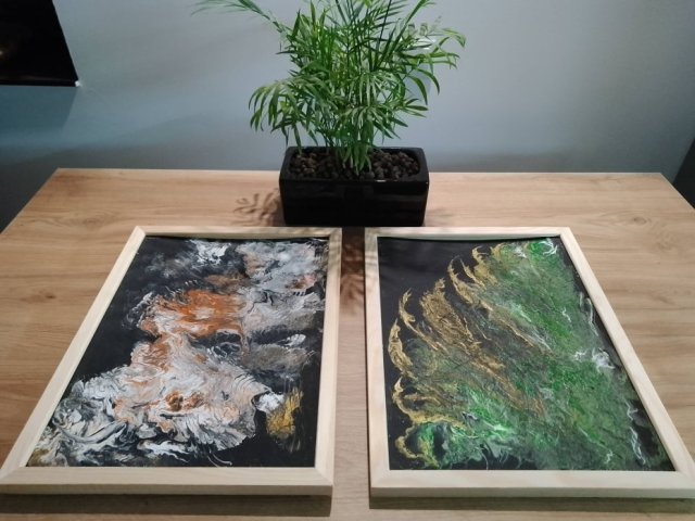 ZESTAW RĘCZNIE MALOWANYCH OBRAZÓW Z RAMAMI - DYPTYK MISTYCZNY POURING - 2x 40x30cm