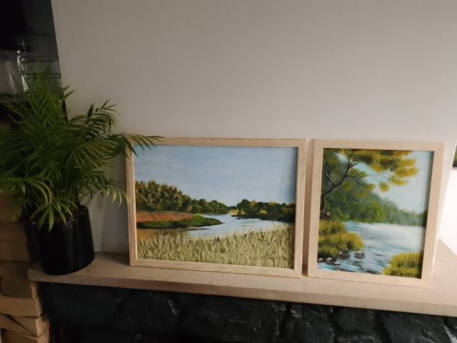 ZESTAW RĘCZNIE MALOWANYCH OBRAZÓW Z RAMAMI - DYPTYK NOSTALGICZNY SCHYŁEK LATA, POLSKI PEJZAŻ