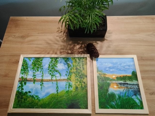 ZESTAW RĘCZNIE MALOWANYCH OBRAZÓW Z RAMAMI - DYPTYK MAGICZNA WIOSNA-LATO, POLSKI PEJZAŻ