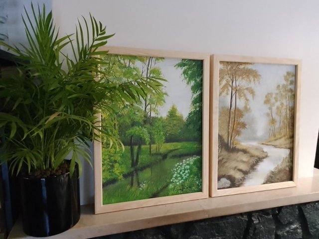 ZESTAW RĘCZNIE MALOWANYCH OBRAZÓW Z RAMAMI - DYPTYK MAGICZNA WIOSNA-JESIEŃ, POLSKI PEJZAŻ 2x 30x40cm