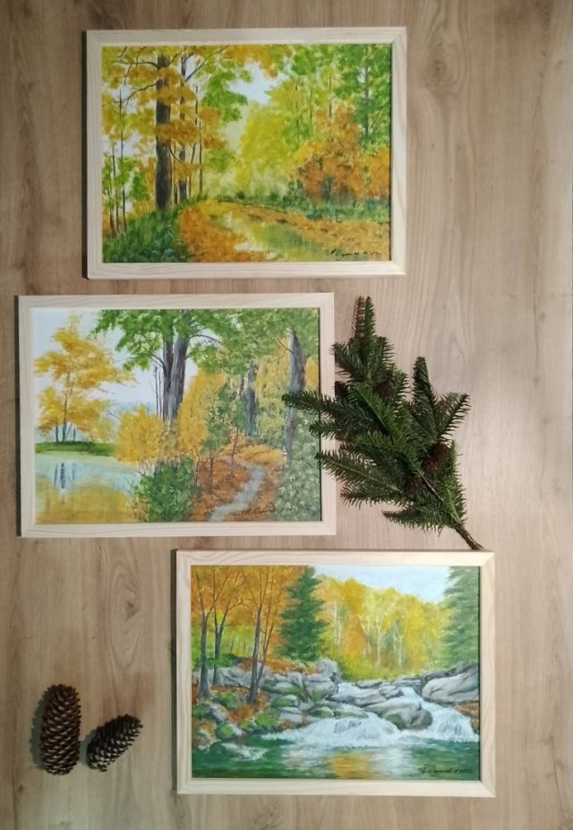 ZESTAW RĘCZNIE MALOWANYCH OBRAZÓW Z RAMAMI - TRYPTYK JESIENNY POLSKI PEJZAŻ - 3x 40x30cm